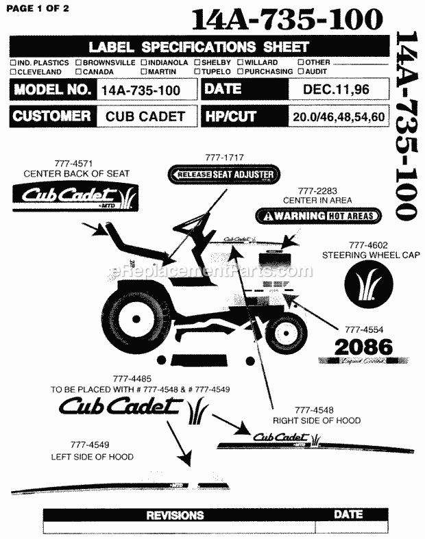 Labels Diagram and Parts List for 2086 880001-899000, 14A-735-100, 146-735-100 Cub Cadet Lawn Tractor